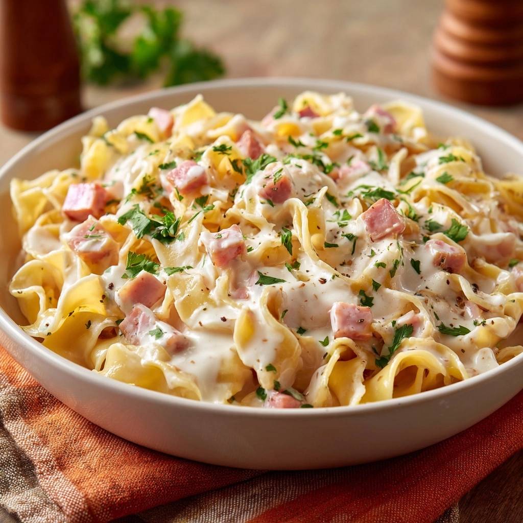 Cremige Tagliatelle mit Schinken, serviert in einer weißen Schüssel und mit frischer Petersilie garniert, ein einfaches Gericht.