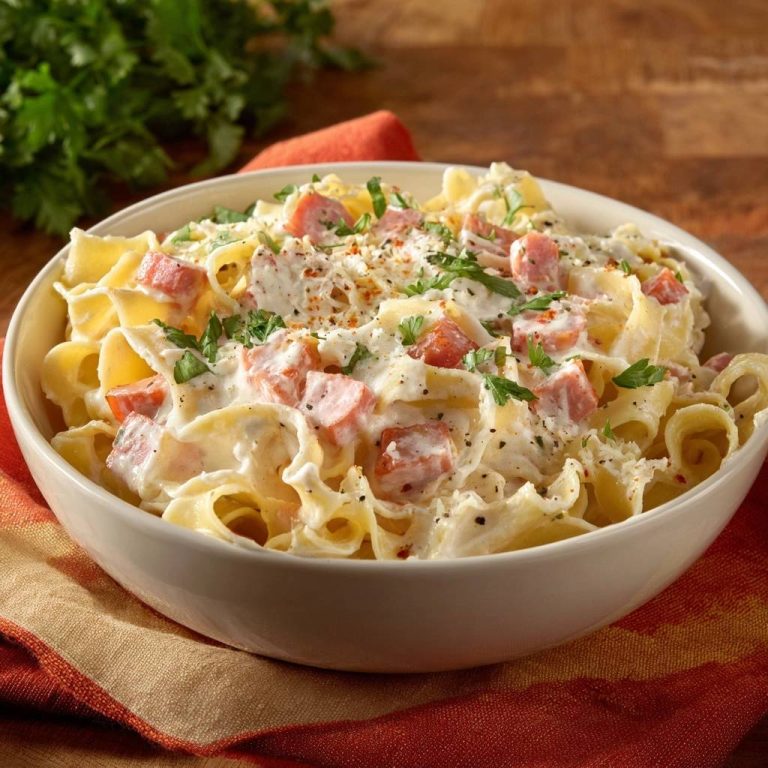 Cremige Tagliatelle mit Schinken, serviert in einer weißen Schüssel, garniert mit frischer Petersilie und Gewürzen auf einem rustikalen Untergrund.