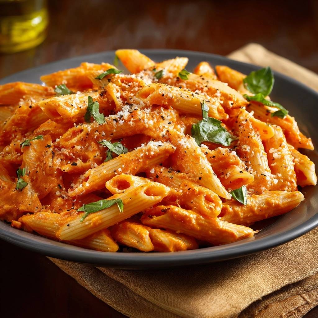 Cremige Tomaten Penne Serviert 1 Cremige Tomaten-Penne, serviert auf einem grauen Teller, garniert mit frischen Basilikumblättern und geriebenem Käse. Ein köstliches Pastagericht.
