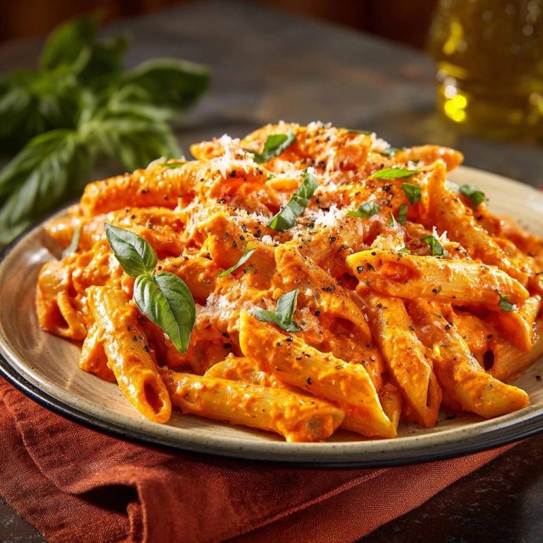 Cremige Tomaten-Penne, serviert auf einem Teller, garniert mit frischem Basilikum und geriebenem Käse. Dieses Gericht ist perfekt für ein schnelles Mittag- oder Abendessen.