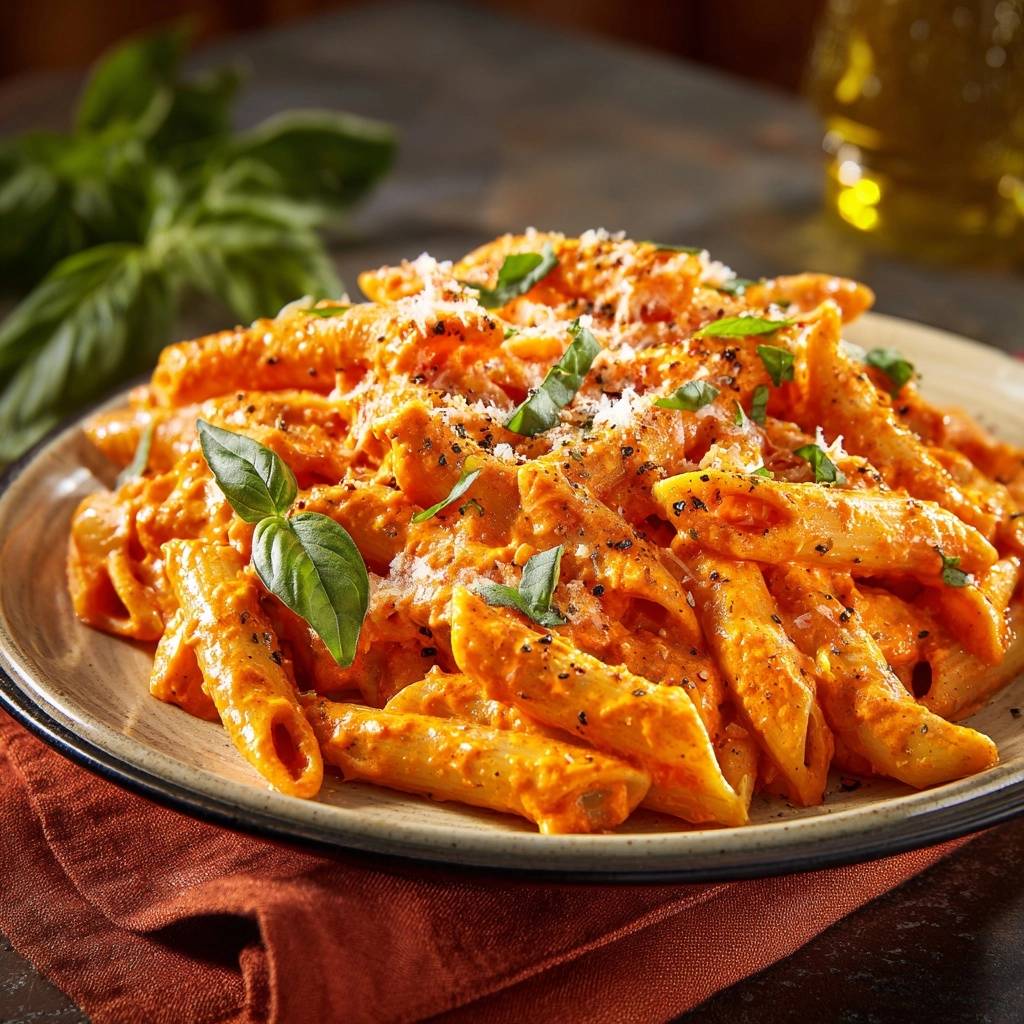 Cremige Tomaten-Penne, serviert auf einem Teller, garniert mit frischem Basilikum und geriebenem Käse. Dieses Gericht ist perfekt für ein schnelles Mittag- oder Abendessen.