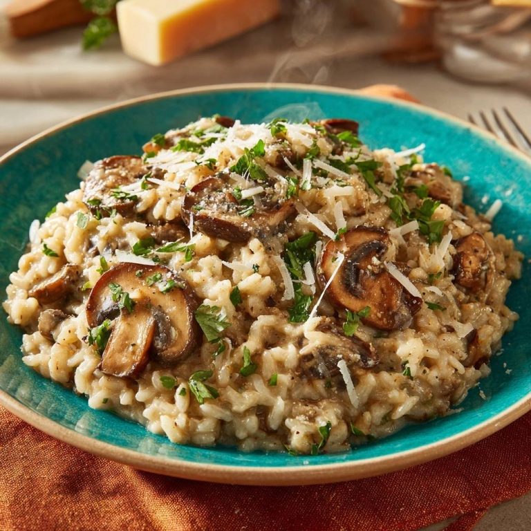 Cremiges Champignon-Risotto serviert in einer türkisfarbenen Schüssel, garniert mit frischer Petersilie und Parmesan. Der dampfende Reis mit Pilzen lädt zum Genießen ein.