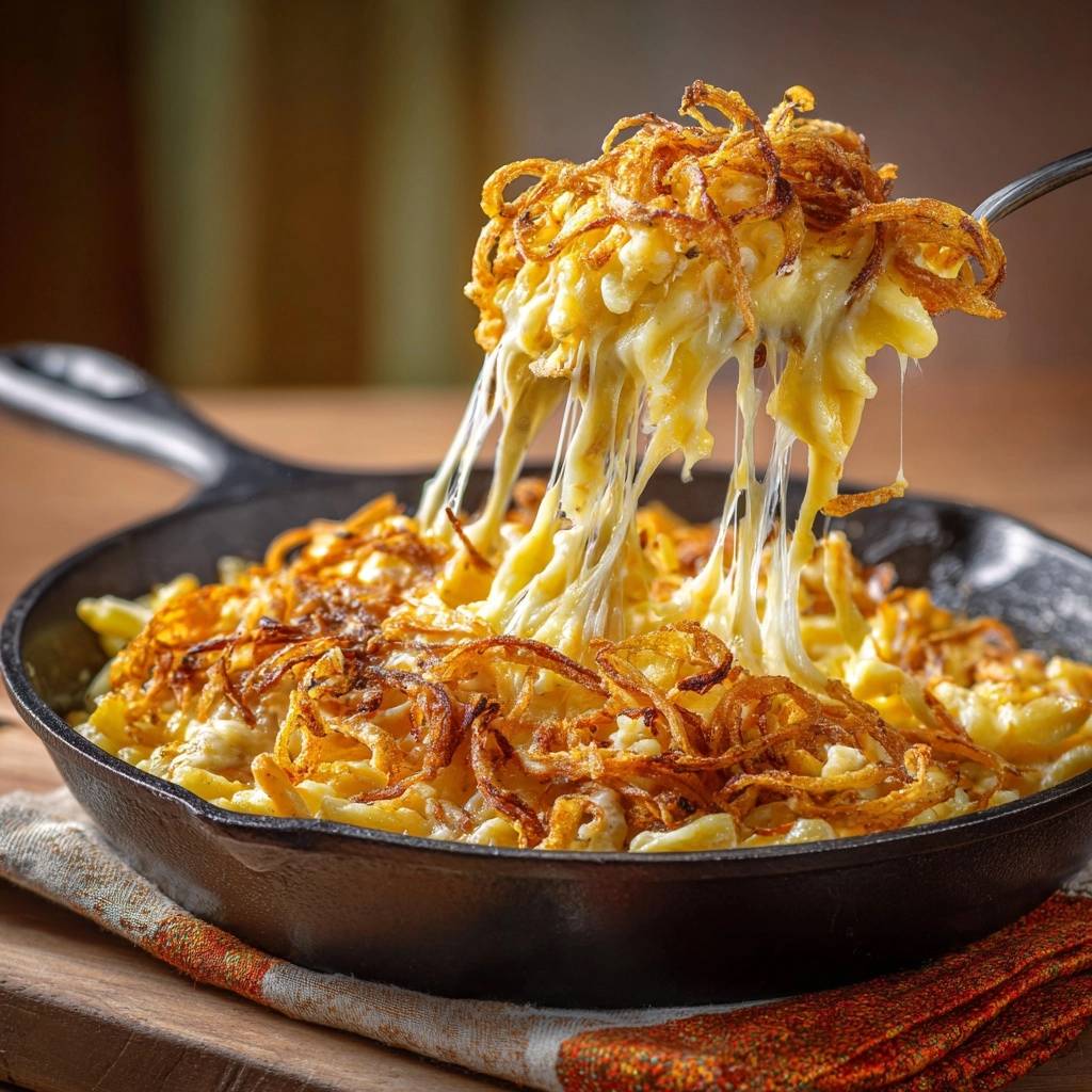 Cremigem Mac And Cheese Mit Knusprigen Zwiebeln Kaesefaden 1 Cremiges Mac and Cheese mit knusprigen Zwiebeln, serviert in einer heißen Pfanne, zeigt lange, geschmolzene Käsefäden.