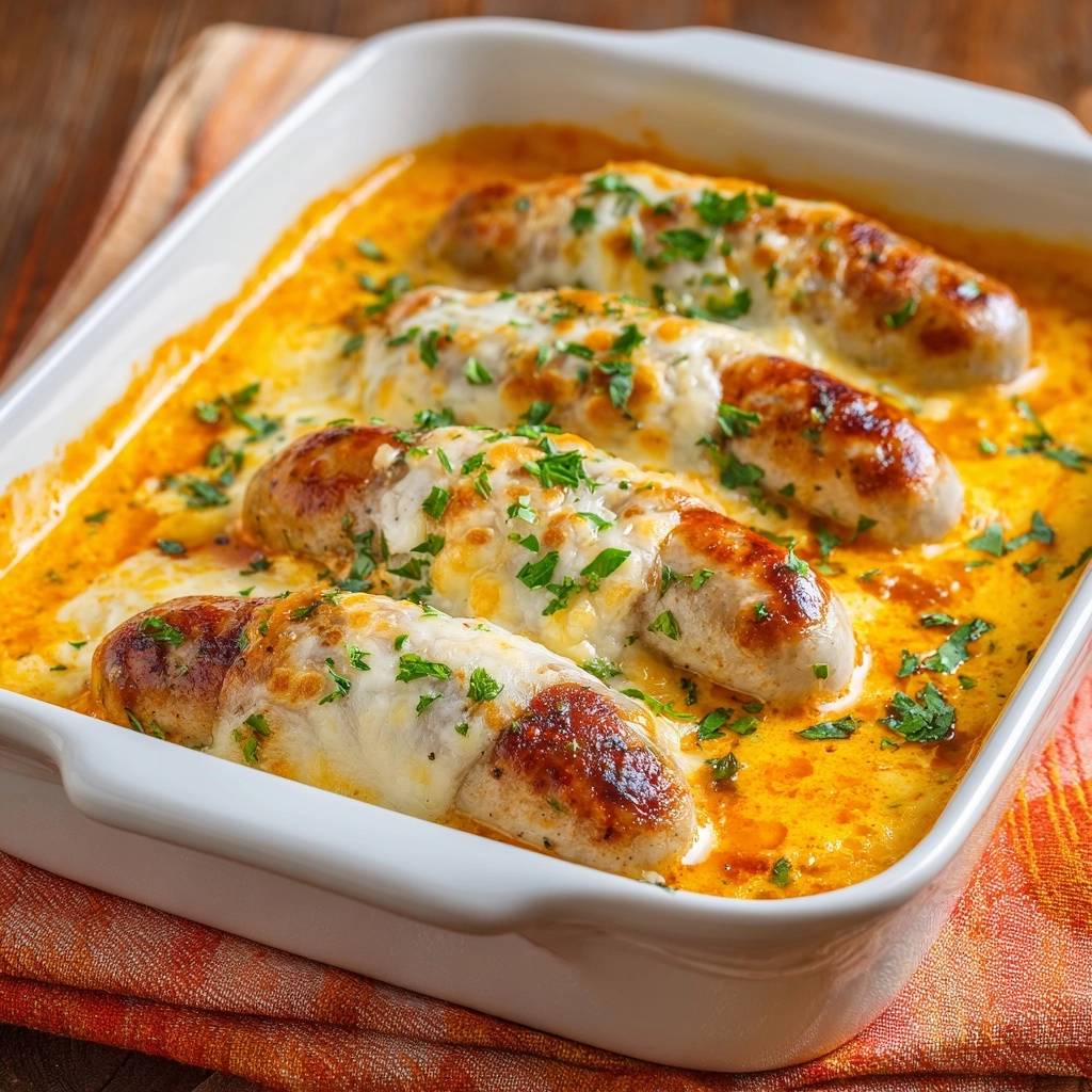 Cremiger Bratwurst Auflauf Draufsicht Mit Kse 1 Cremiger Bratwurst-Auflauf von oben betrachtet, mit geschmolzenem Käse bedeckt und mit frischer Petersilie garniert. Das Auflaufgericht ist in einer weißen Backform zubereitet.