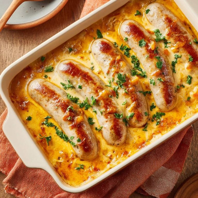 Cremiger Bratwurst-Auflauf serviert in einer Auflaufform, mit goldbraunen Würstchen und einer cremigen Sauce, garniert mit frischer Petersilie.