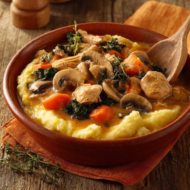 Cremiger Hähnchen-Pilz-Eintopf auf Kartoffelpüree in einer rustikalen Schüssel, serviert mit frischem Thymian und einem Holzlöffel.