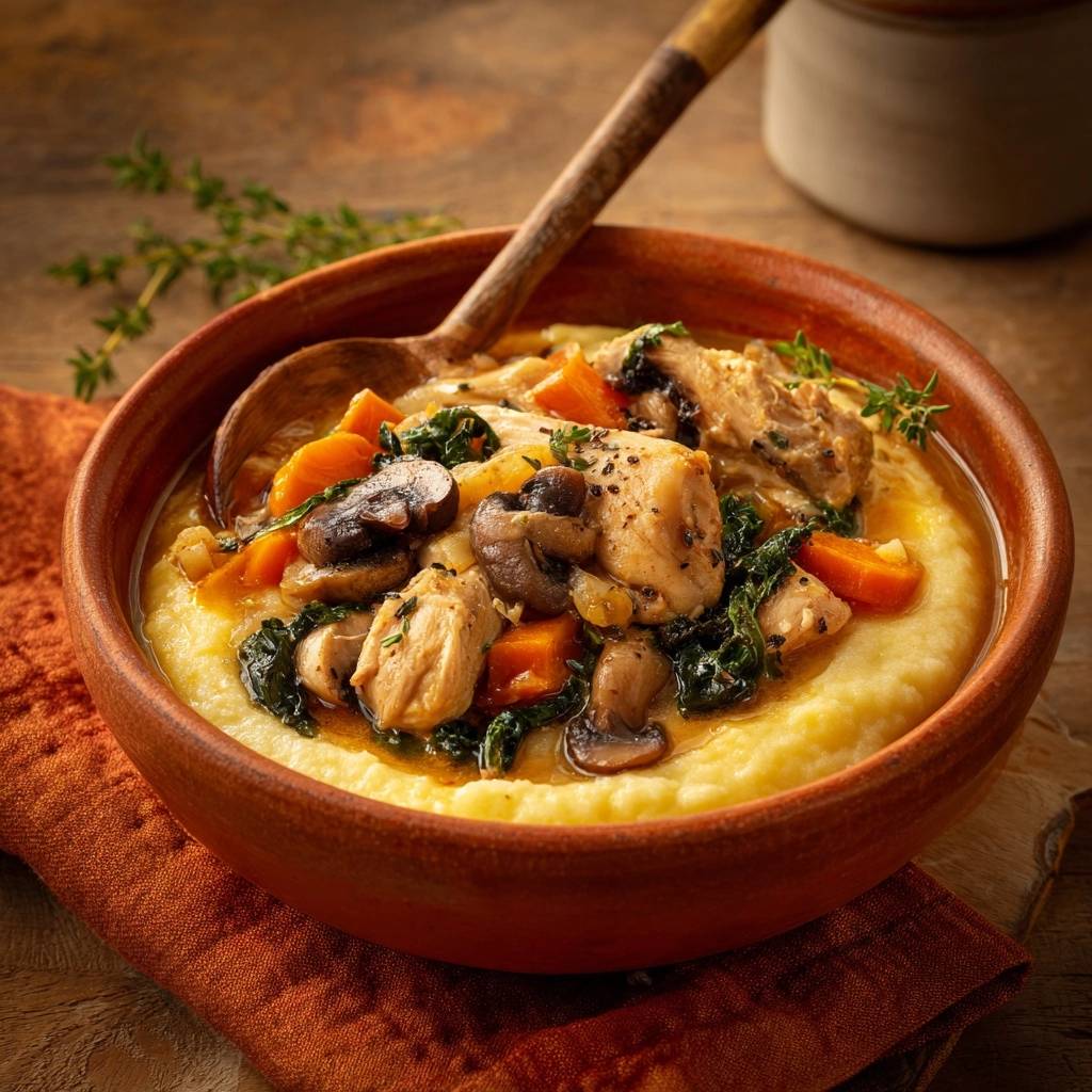 Cremiger Hähnchen-Pilz-Eintopf serviert in einer rustikalen Schüssel, mit einem Holzlöffel, der zum Servieren bereit ist.