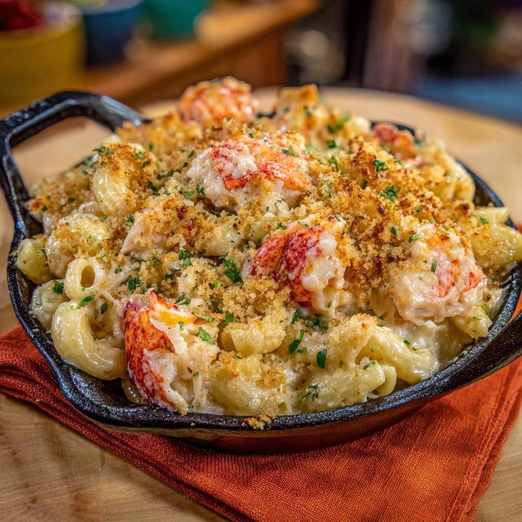 Cremiger Hummer-Mac-and-Cheese, serviert in einer gusseisernen Pfanne, mit goldbraunen Bröseln und saftigen Hummerstücken.