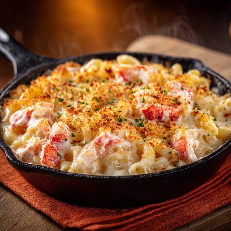 Cremiger Hummer-Mac-and-Cheese in einer gusseisernen Pfanne, eine Nahaufnahme, die die cremige Textur und das saftige Hummerfleisch zeigt.