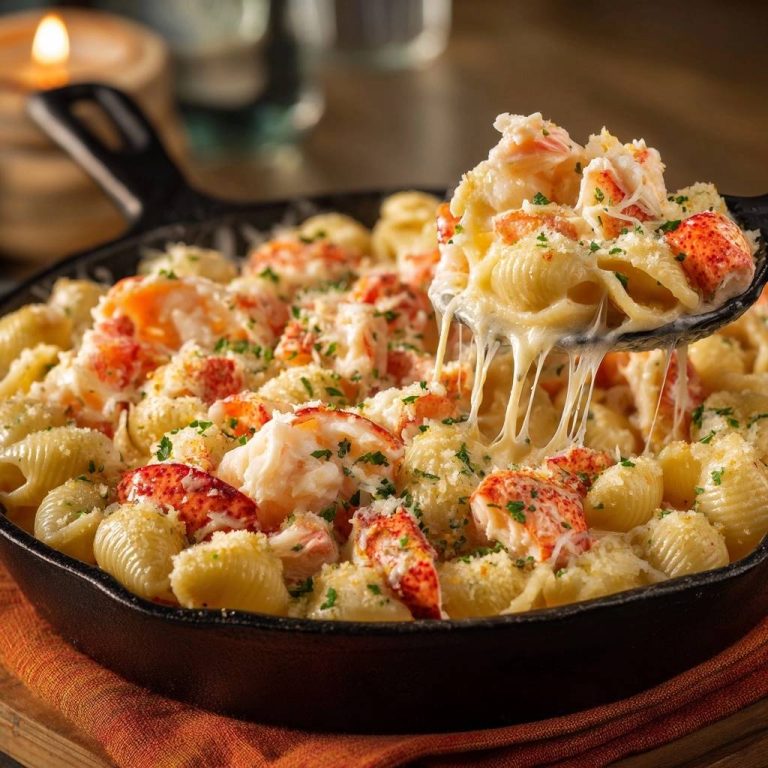 Cremiger Hummer-Mac & Cheese, serviert in einer Pfanne, mit cremigem Käse, der sich beim Abheben des Löffels zieht.