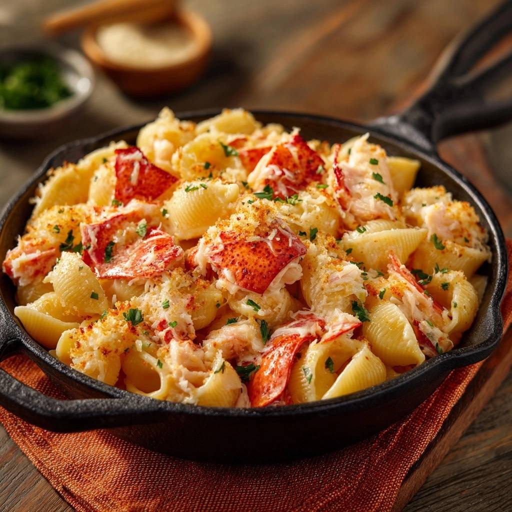 Cremiger Hummer Mac Cheese Von Oben 1 Cremiger Hummer-Mac & Cheese, serviert in einer gusseisernen Pfanne, mit Blick von oben auf die reichhaltige Textur. Der saftige Hummer wird mit cremiger Käsesauce und Brotbröseln serviert.