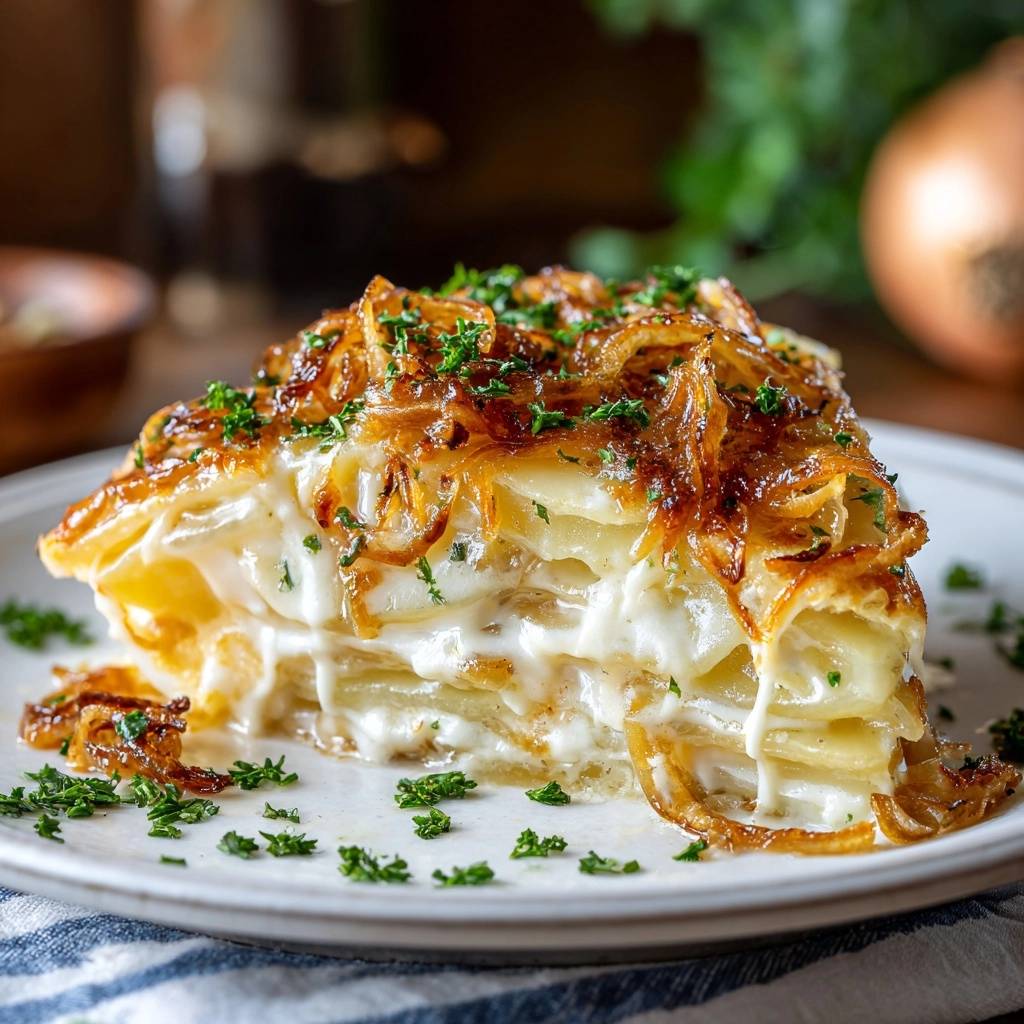 Cremiger Kartoffelauflauf mit knusprigen Zwiebeln zeigt einen Nahaufnahme-Querschnitt, der die geschichteten Kartoffeln und die cremige Sauce offenbart.