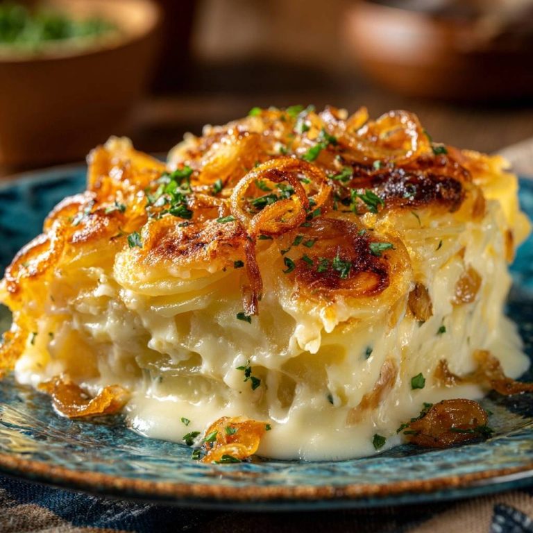 Cremiger Kartoffelauflauf mit knusprigen Zwiebeln, serviert als detailreicher Querschnitt, zeigt die cremige Textur und die goldbraunen Toppings.