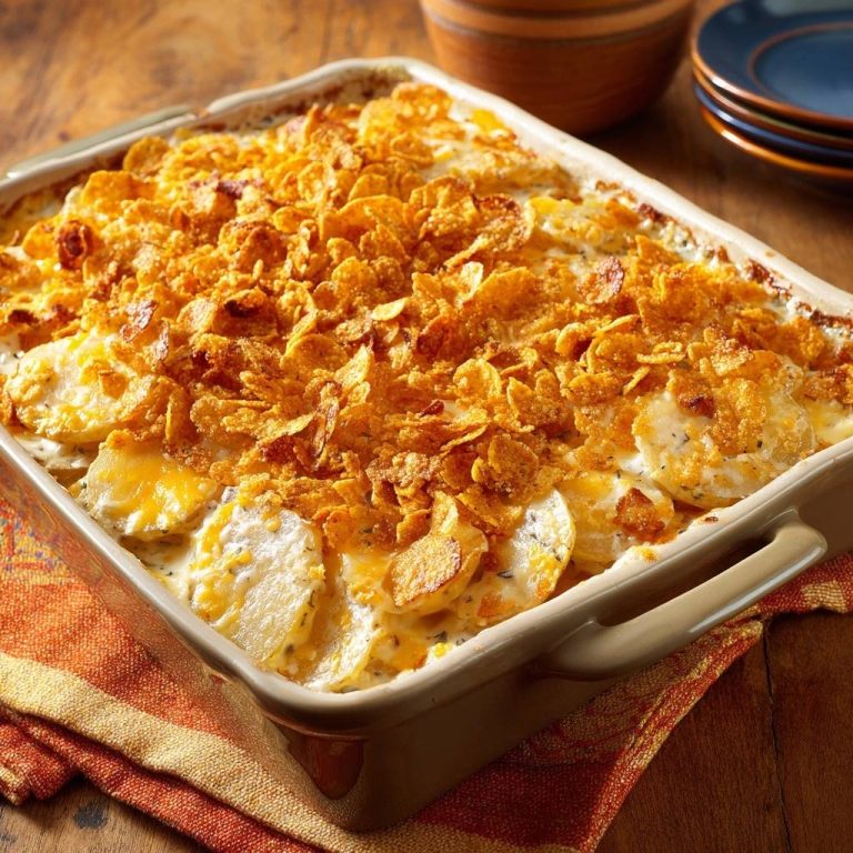 Cremiger Kartoffelauflauf mit knuspriger Kruste, zubereitet in einer Auflaufform, mit knusprigem Maisflocken-Topping und goldbrauner Oberfläche.