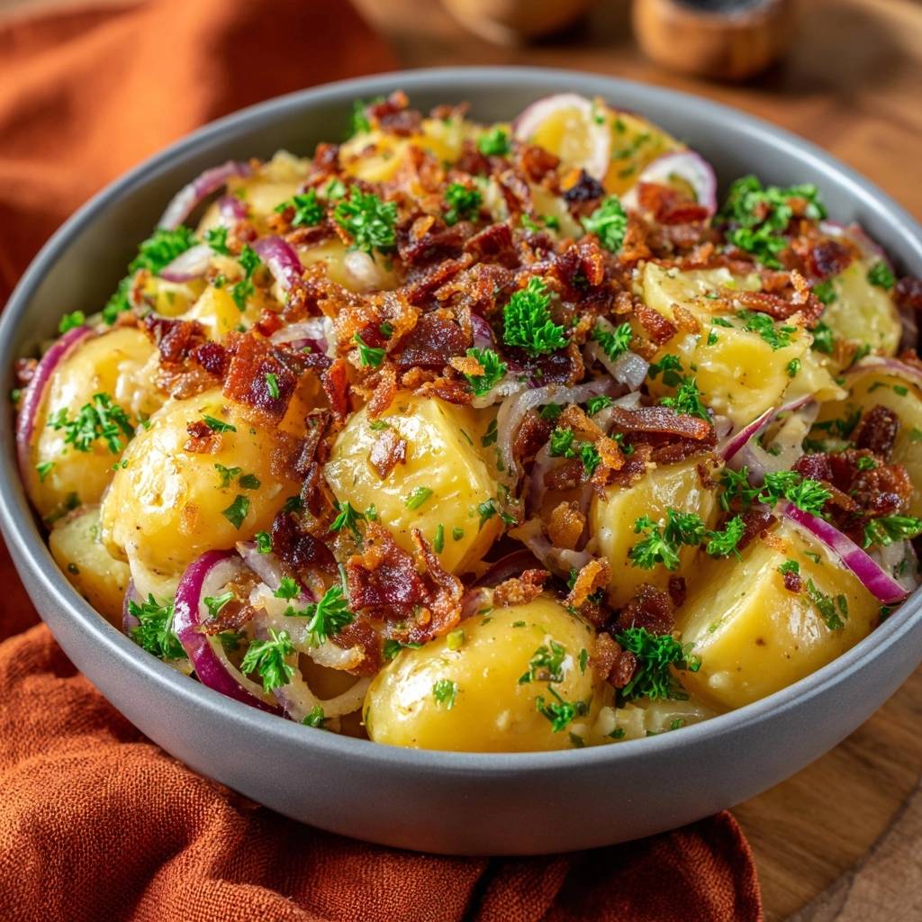 Cremiger Kartoffelsalat Knusprigem Speck Draufsicht 1 Cremiger Kartoffelsalat mit knusprigem Speck in einer Schüssel von oben gesehen, mit roten Zwiebeln, Petersilie und Speckstückchen garniert.