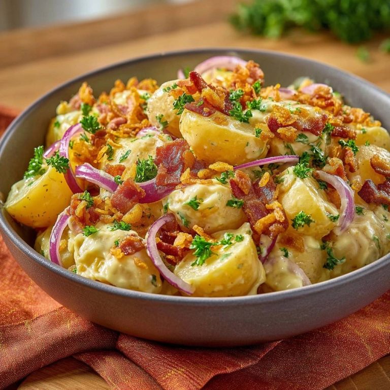 Cremiger Kartoffelsalat mit knusprigem Speck in Nahaufnahme, garniert mit frischer Petersilie und roten Zwiebelringen, serviert in einer Schüssel.