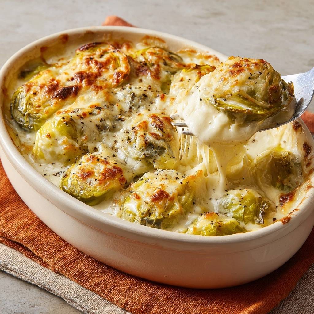 Cremiger Kase Rosenkohl Auflauf Auf Gabel Gehoben 1 Cremiger Käse-Rosenkohl-Auflauf, serviert mit einer Gabel, die eine Portion des cremigen Auflaufs zeigt, mit geschmolzenem Käse.