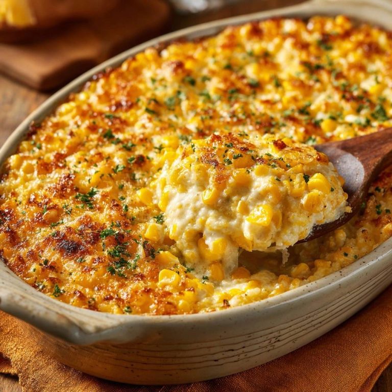 Cremiger Maisauflauf mit goldbrauner Kruste, frisch aus dem Ofen, wird mit einem Holzlöffel serviert, der eine Portion zeigt.