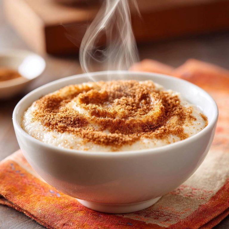 Cremiger Milchreis mit Zimtzucker, serviert in einer weißen Schüssel, steigt frisch zubereiteter Dampf auf.