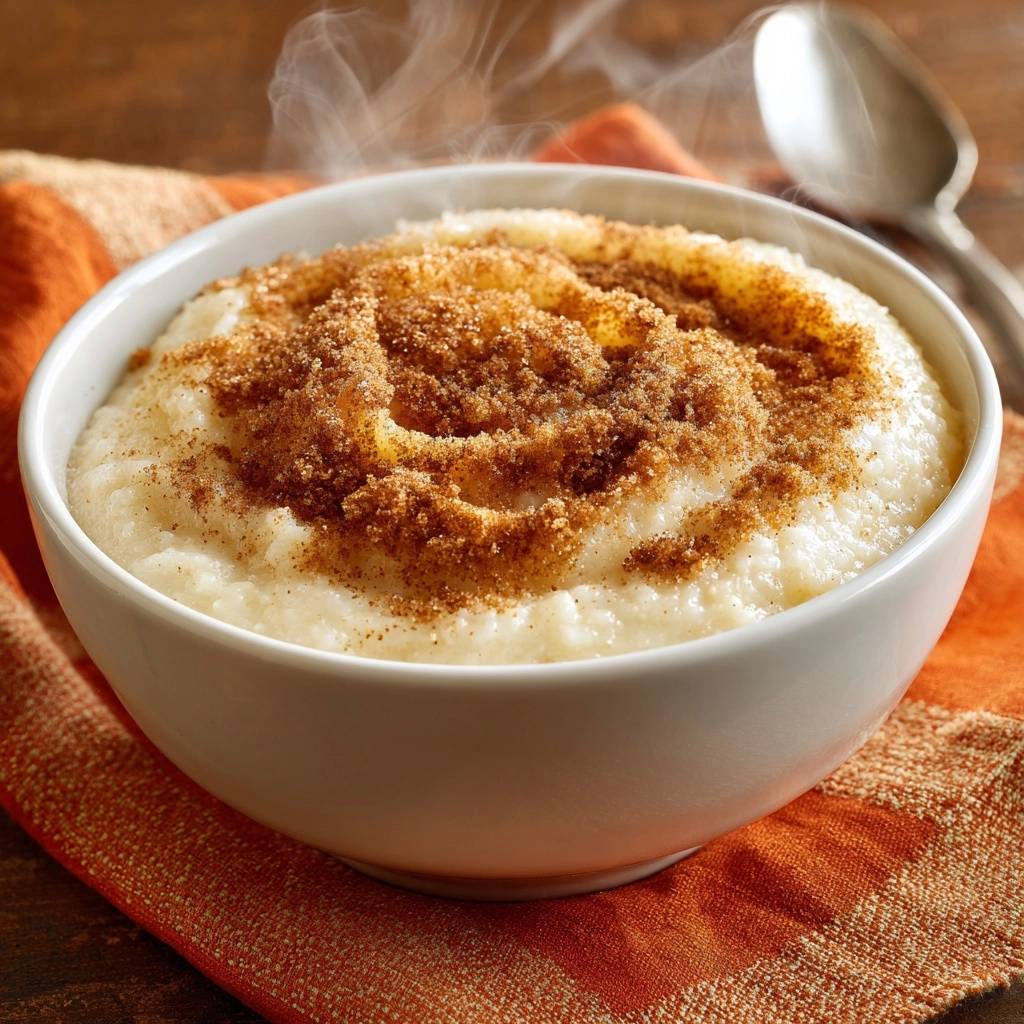 Cremiger Milchreis Mit Zimtzucker Nahaufnahme 1 Cremiger Milchreis mit Zimtzucker in einer weißen Schüssel. Der Milchreis ist mit Zimtzucker bestreut und dampft. Ein köstliches Frühstück.