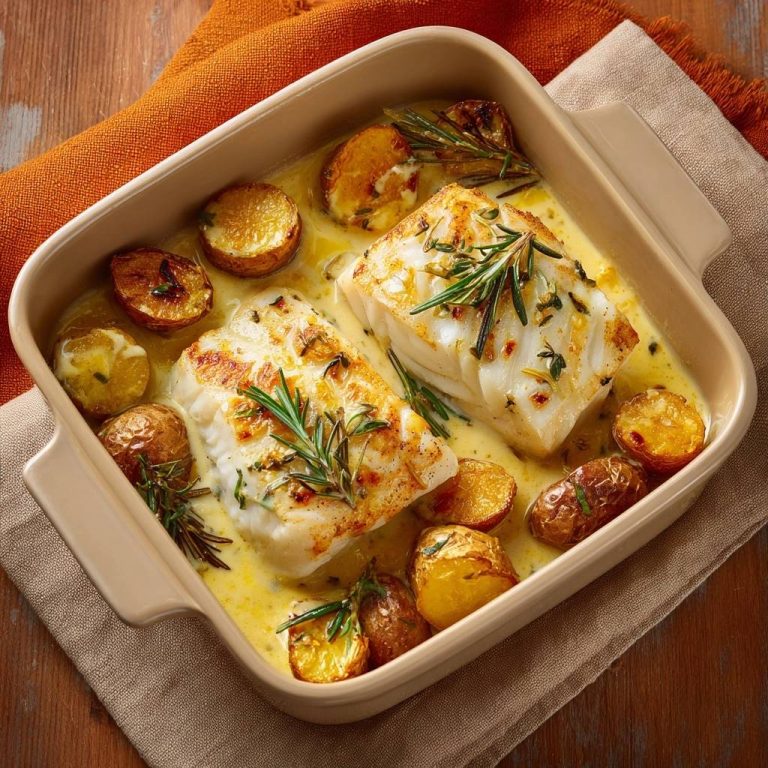 Cremiger Ofen-Kabeljau mit Rosmarinkartoffeln in einer Auflaufform, serviert mit goldbraunen Kartoffeln und Rosmarinzweigen.