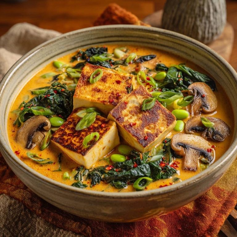 Cremiger Tofu-Curry mit Edamame und Spinat in einer Schüssel, serviert mit gebratenem Tofu und frischen Zutaten von oben.