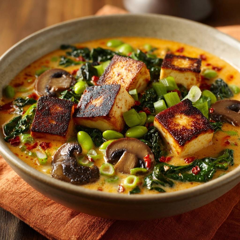 Cremiger Tofu Curry Mit Edamame Und Spinat Nahaufnahme 1 Cremiger Tofu-Curry mit Edamame & Spinat in Nahaufnahme, serviert in einer Schüssel. Die knusprigen Tofuwürfel und das Gemüse sind deutlich zu erkennen.