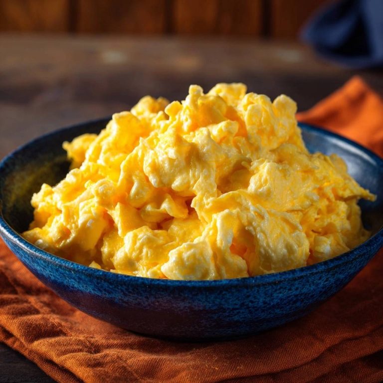 Cremiges Fluff-Rührei in einer blauen Schüssel, Nahaufnahme der cremigen, luftigen Textur, perfekt zubereitet für ein köstliches Frühstück.