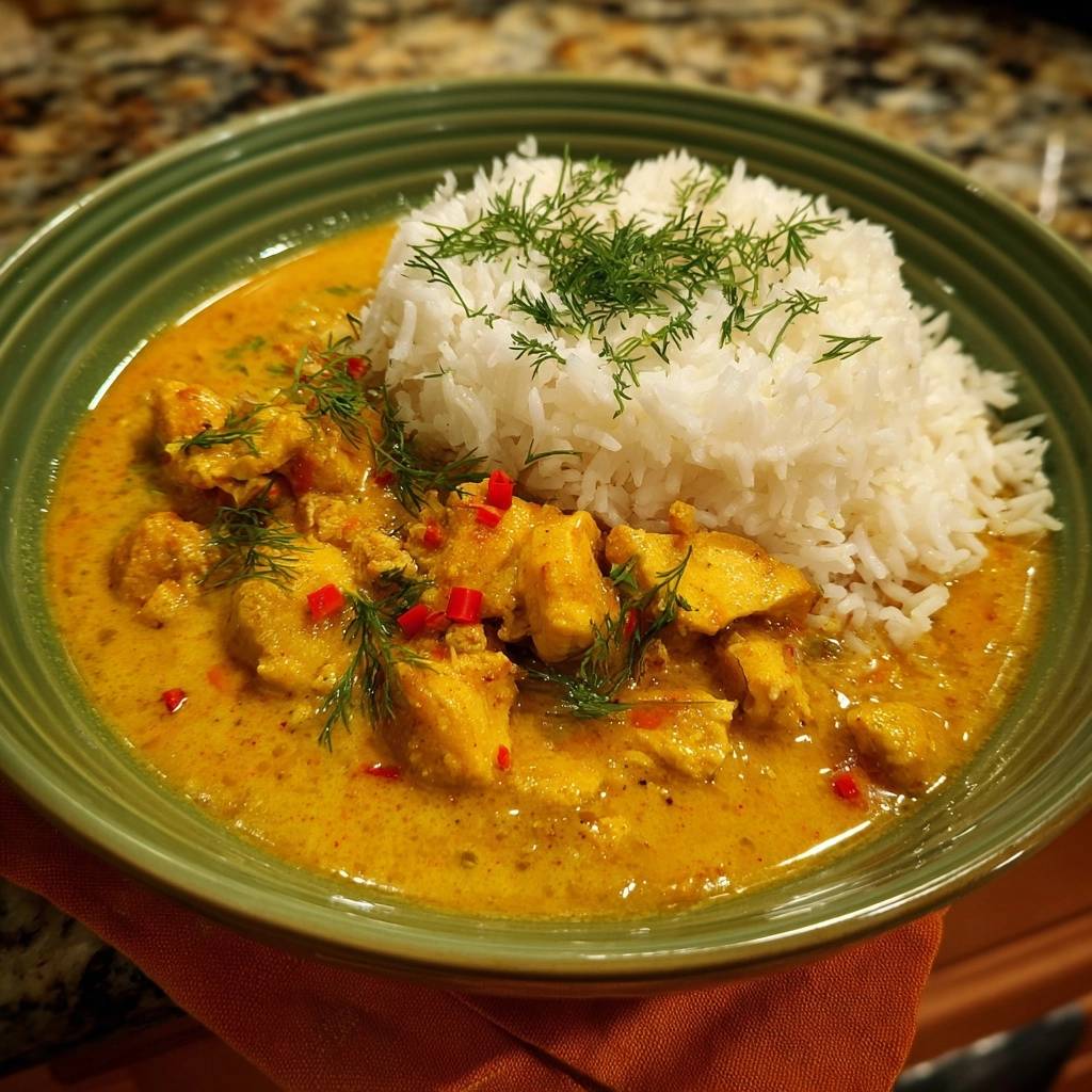 Cremiges Gelb Fisch Curry Mit Dillreis Serviert 1 Cremiges Gelb-Fisch-Curry mit Dillreis, serviert in einer grünen Schüssel, garniert mit frischem Dill und roten Chilischoten. Der saftige Fisch ist deutlich zu sehen.