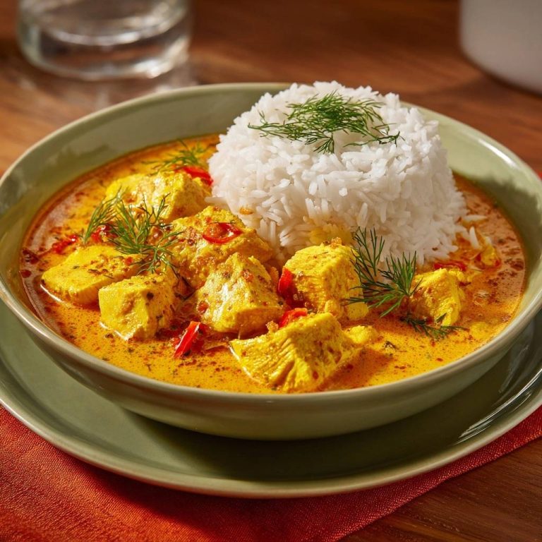 Cremiges Gelb-Fisch-Curry mit Dillreis serviert in einer grünen Schüssel, garniert mit frischem Dill und serviert mit fluffigem Reis.