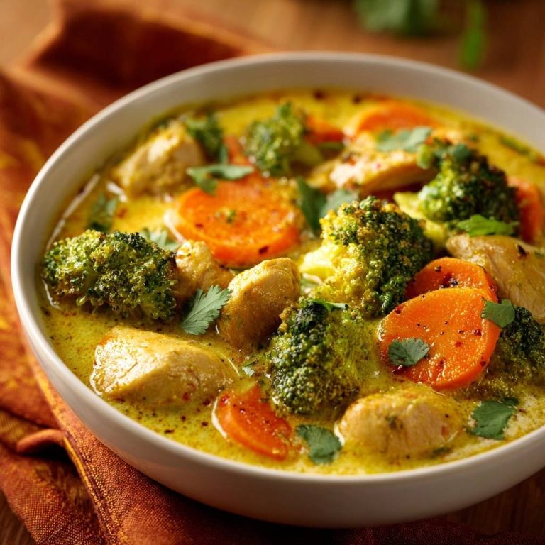 Cremiges Hähnchen-Brokkoli-Curry in einer Nahaufnahme, mit saftigem Hähnchen, Brokkoli und Karotten in cremiger Sauce serviert.