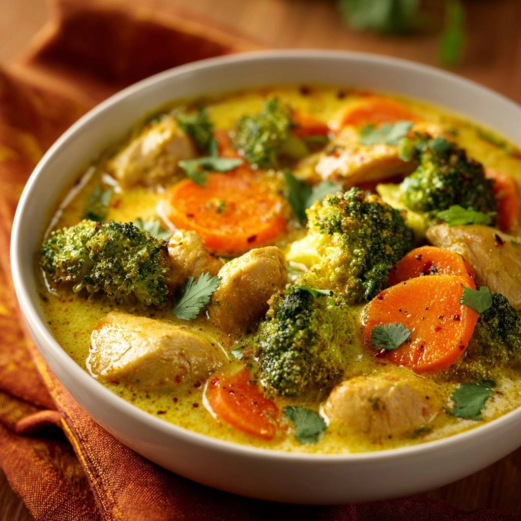 Cremiges Hähnchen-Brokkoli-Curry in einer Nahaufnahme, mit saftigem Hähnchen, Brokkoli und Karotten in cremiger Sauce serviert.