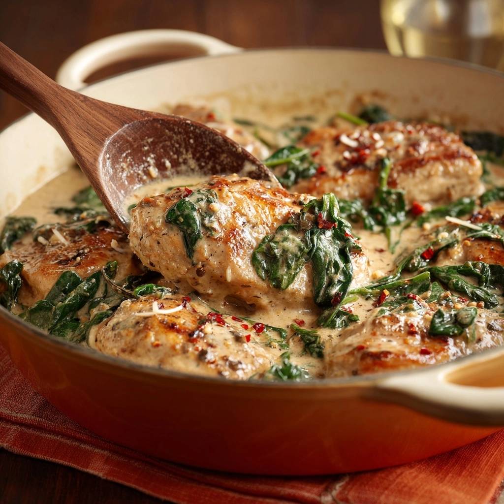 Cremiges Huhnchen Mit Spinat Nahaufnahme 1 Cremiges Hähnchen mit Spinat in einer Pfanne, Nahaufnahme mit einem Holzlöffel, der ein Stück saftiges Fleisch zeigt und mit Spinat bedeckt ist.