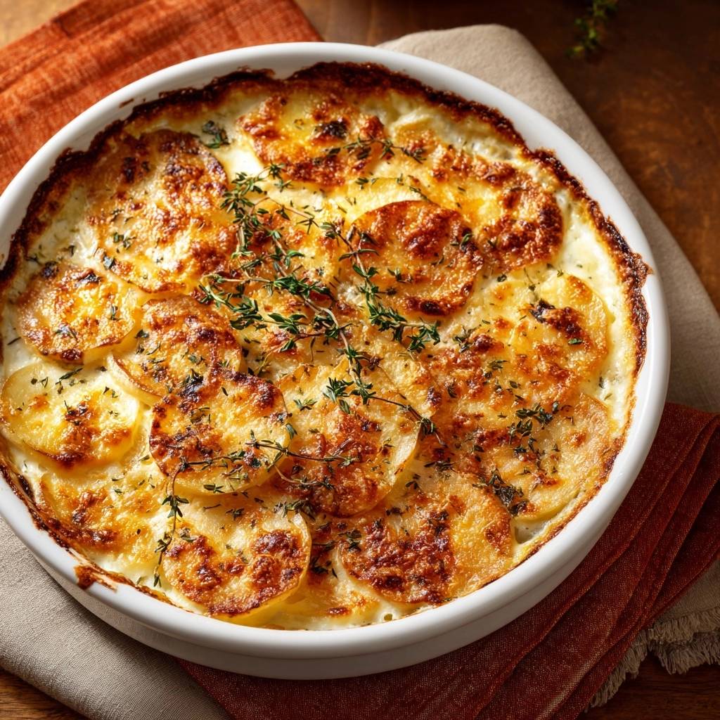 Cremiges Kartoffel Gratin Von Oben Garniert 1 Cremiges Kartoffel-Gratin, von oben betrachtet, präsentiert eine goldbraune Kruste und frische Kräuter als köstliche Garnierung.