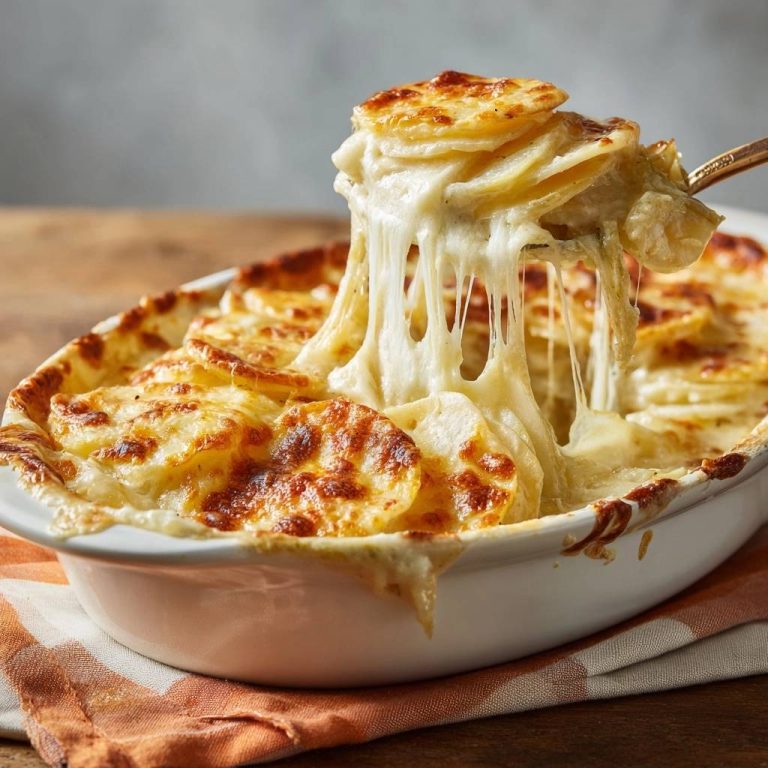Cremiges Kartoffelgratin mit Käsefäden, die sich vom Löffel ziehen, eine Nahaufnahme zeigt die cremige Textur und den geschmolzenen Käse.