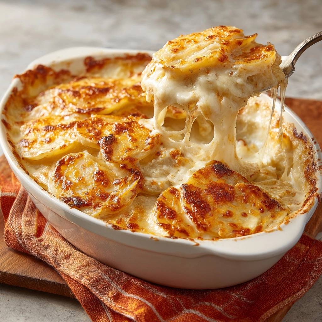 Cremiges Kartoffelgratin Kaese Zieht 1 Cremiges Kartoffelgratin mit geschmolzenem Käse, der sich beim Abheben des Gratin von der Auflaufform zieht. Der Auflauf hat eine goldbraune Kruste.