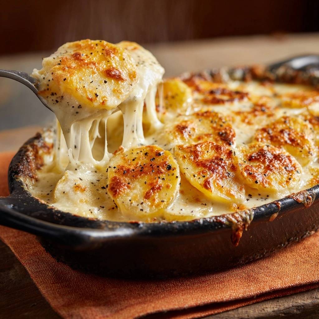 Cremiges Kartoffelgratin mit geschmolzenem Käse, der sich zu langen Fäden zieht. Ein köstliches Auflaufgericht, das frisch aus dem Ofen kommt.