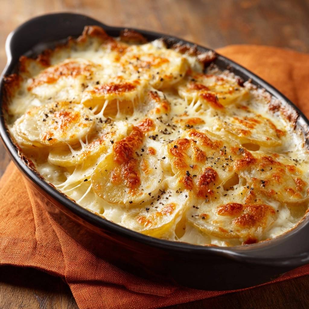 Cremiges Kartoffelgratin in Nahaufnahme, mit geschmolzenem Käse und frisch gemahlenem Pfeffer, serviert in einer Auflaufform.
