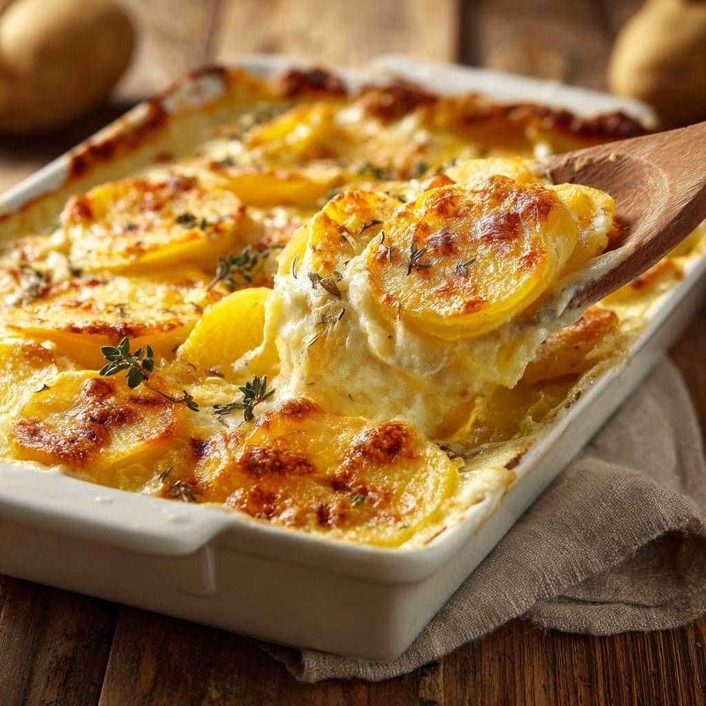 Cremiges Kartoffelgratin Portion Auf Loeffel 1 Cremiges Kartoffelgratin: Ein Holzlöffel hebt eine Portion des gratinierten Auflaufs, der mit goldbraunen Kartoffelscheiben bestückt ist.