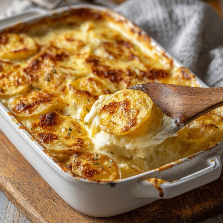 Cremiges Kartoffelgratin, serviert auf einem Holzlöffel, zeigt die cremige Konsistenz und goldbraune Oberfläche.