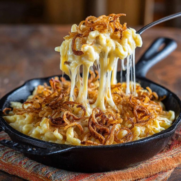 Cremiges Mac and Cheese mit knusprigen Zwiebeln, serviert in einer gusseisernen Pfanne, mit geschmolzenem Käse, der sich zieht.