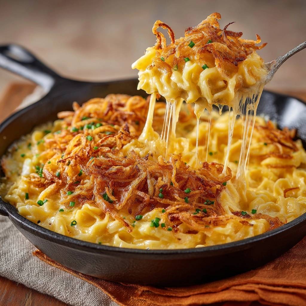 Cremiges Mac And Cheese Mit Knuspriger Zwiebelkruste Kaesefa 1 Cremiges Mac and Cheese mit knuspriger Zwiebelkruste, serviert in einer Pfanne, mit geschmolzenem Käse, der sich zieht.
