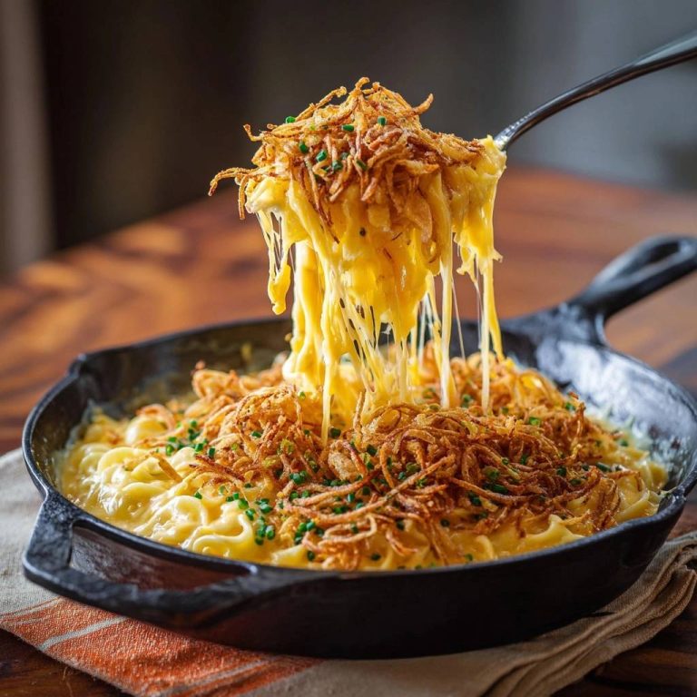 Cremiges Mac and Cheese mit knuspriger Zwiebelkruste, serviert in einer gusseisernen Pfanne, wird von einem Löffel abgehoben. Der Käse zieht sich lang.