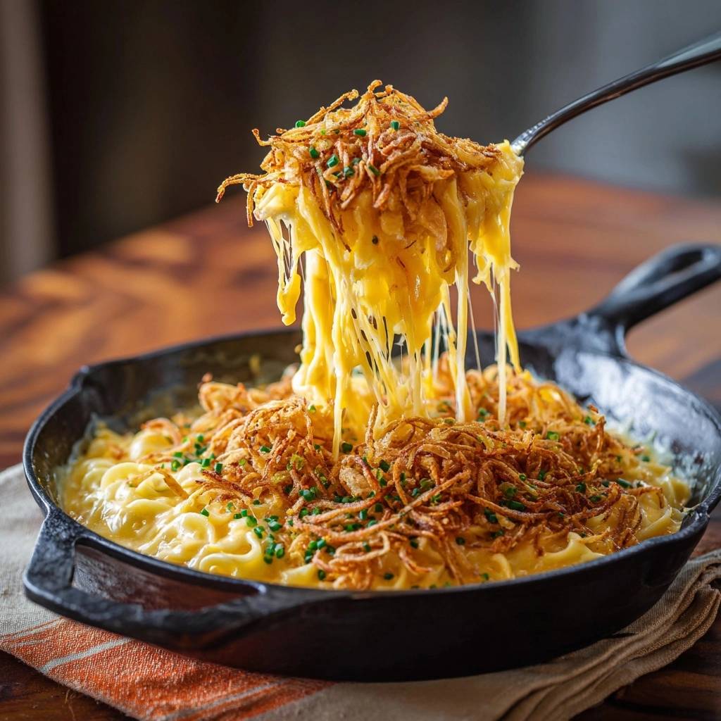 Cremiges Mac and Cheese mit knuspriger Zwiebelkruste, serviert in einer gusseisernen Pfanne, wird von einem Löffel abgehoben. Der Käse zieht sich lang.