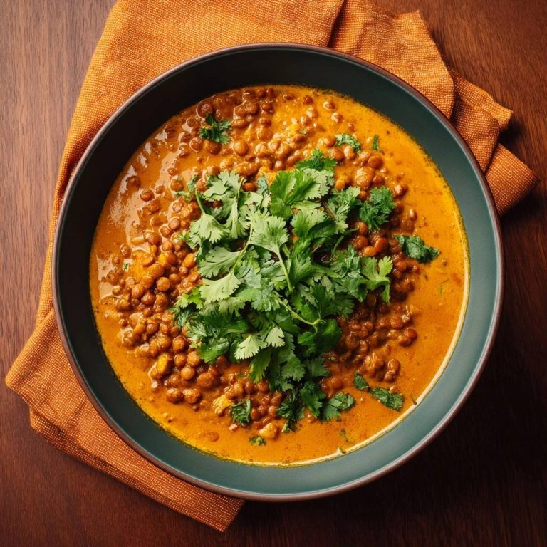 Cremiges Masoor Dal in einer tiefen Schüssel, serviert mit frischem Koriander, aufgenommen in einer Nahaufnahme von oben. Ein einfaches, veganes Linsen-Curry.