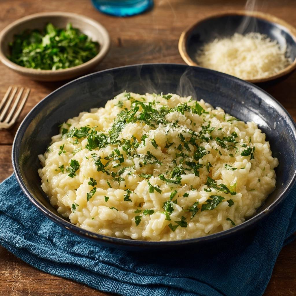 Cremiges Parmesan-Risotto in einer blauen Schüssel, garniert mit frischer Petersilie und Parmesan, mit aufsteigendem Dampf.