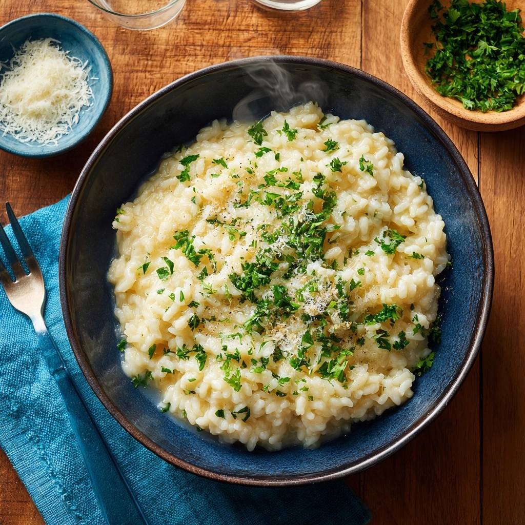 Cremiges Parmesan-Risotto in einer blauen Schüssel, garniert mit frischer Petersilie und Parmesan, mit Dampf aufsteigend. Ein köstliches Gericht von oben betrachtet.
