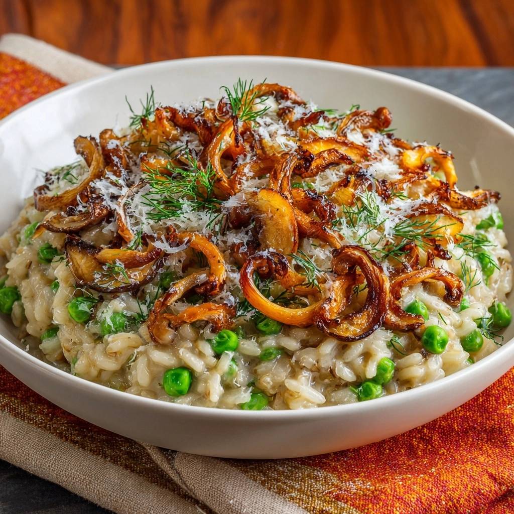 Cremiges Pilz Erbsen Risotto Mit Knusprigen Zwiebeln Draufsi 1 Cremiges Pilz-Erbsen-Risotto mit knusprigen Zwiebeln, serviert in einer Schüssel, garniert mit frischen Kräutern und knusprigen Zwiebeln.