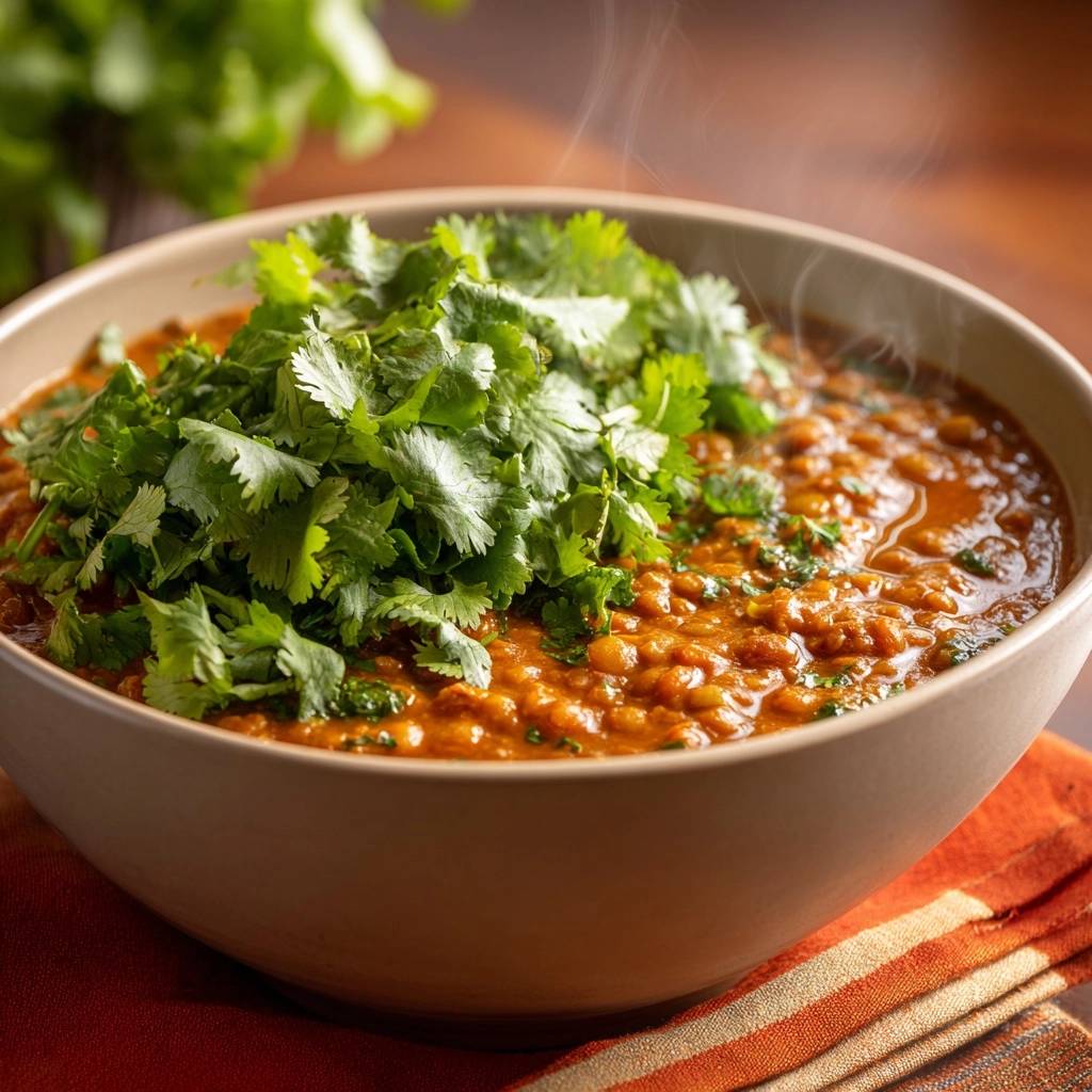 Cremiges Rotes Linsencurry Mit Koriander Draufsicht 1 Cremiges rotes Linsencurry, frisch zubereitet, wird in einer Schüssel serviert und mit frischem Koriander garniert. Der dampfende Eintopf ist ein Genuss.