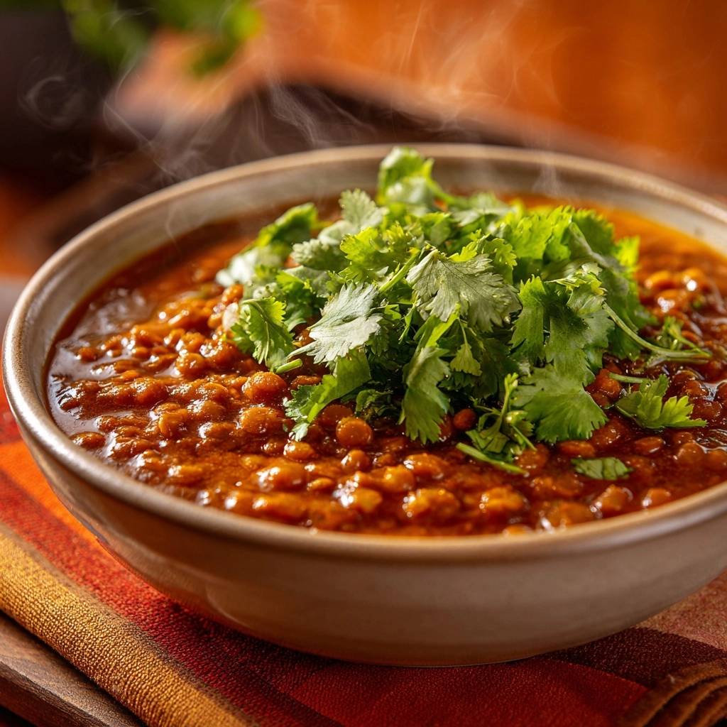 Cremiges rotes Linsencurry, garniert mit frischem Koriander, dampft verführerisch in einer rustikalen Schüssel. Ein köstliches vegetarisches Gericht für kühle Abende.